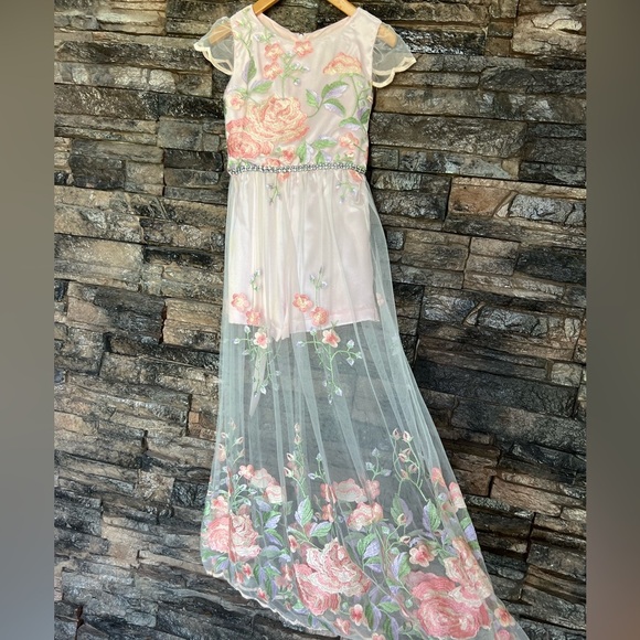 Rare Editions Pink and Green Flutter Sleeve Maxi Dress - Picture 8 of 16